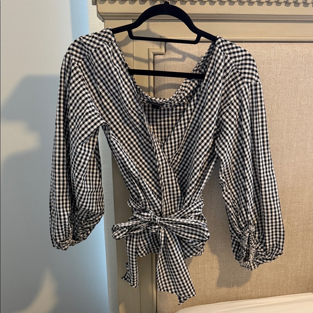 Club Monaco Black and White Gingham Wrap Top